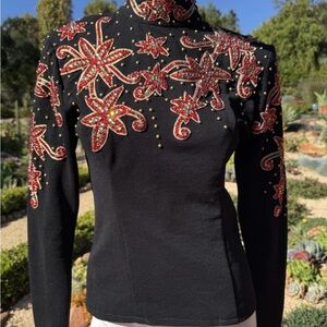 Black High-Neck Embellished Bodysuit Red Floral Appliqués Equestrian Show Shirt